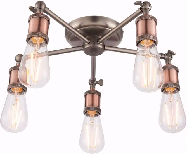 Endon Hal 5 Light Semi Flush Ceiling Light in Aged Pewter and Copper with Glass Shades and E27 Fitting
