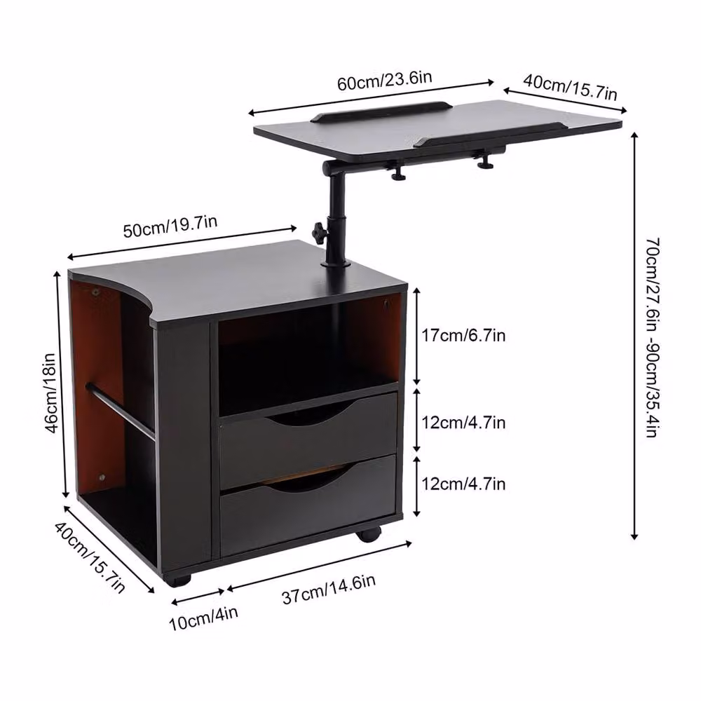Nordara Adjustable Rotating Bedside Table with Wheels and 2 Drawers in Black – 2