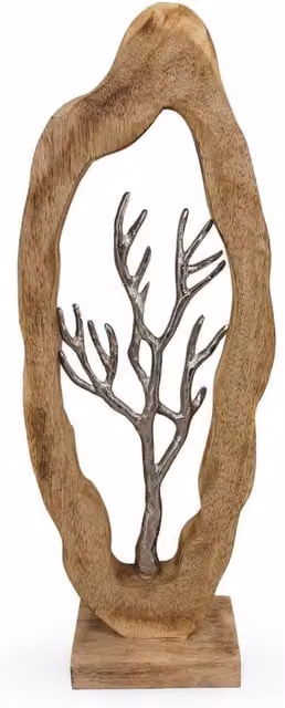 Elm Home And Garden Modern Abstract Tree Sculpture in Natural Mango Wood and Silver Aluminium – 1