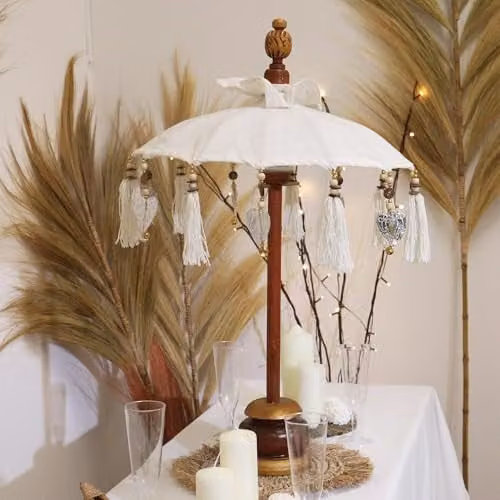 Serenityy Bali Home Decor Boho Round Tabletop Parasol in Beige and White Textile, Diameter: 40 cm – 3