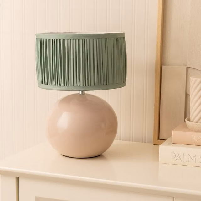 Bosco Stone Ceramic Table Lamp with Ruched Pleated Fabric Drum Shade in Green and Beige