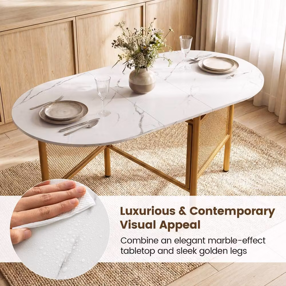 Costway Modern White and Gold Marble Drop Leaf Folding Dining Table, W: 150 cm, H: 76 cm – 5