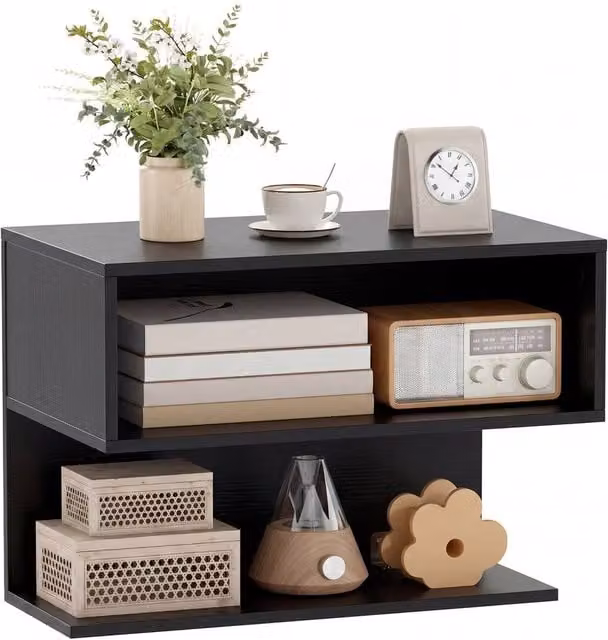 Gymax Floating Nightstand Wall Mounted Bedside Table with Storage Shelves in Black