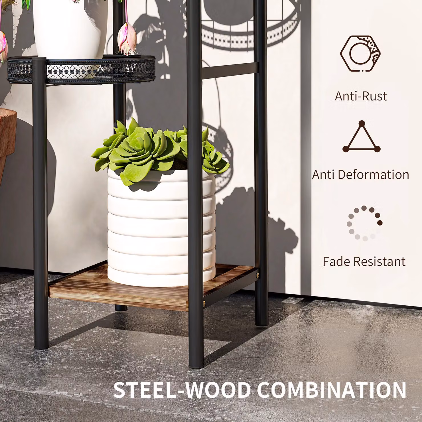 OUTSUNNY 4 Tiered Metal and Wood Plant Pot Stand, Black, W/D/H: 80 x 25 x 23 cm – 4