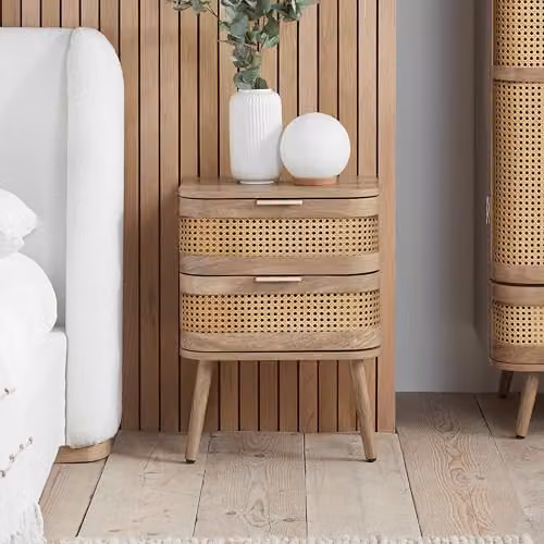 Birlea Noah Rattan and Oak 2 Drawer Bedside Cabinet in Beige and Brown, W/D/H: 45 x 34 x 59 cm – 2