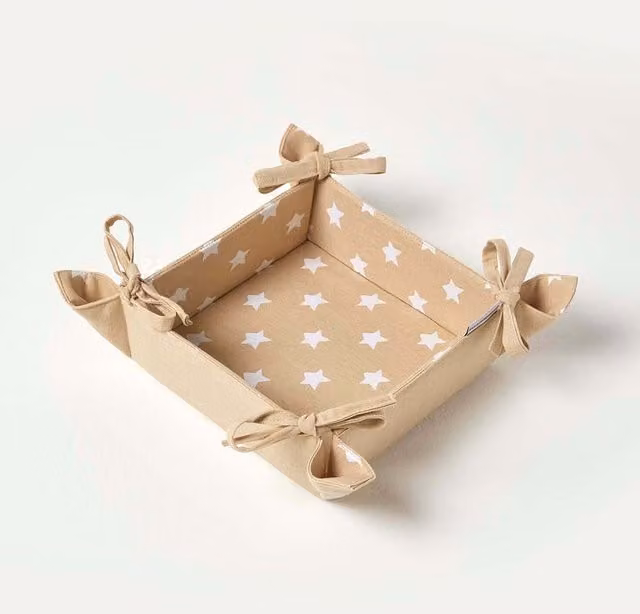 Homescapes Reversible Geometric Bread Basket in Beige and Brown Fabric