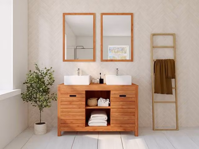 Vente-unique PULUKAN Acacia Wood Vanity Unit in Walnut Brown, W: 130 cm, D: 50 cm, H: 43 cm – 1