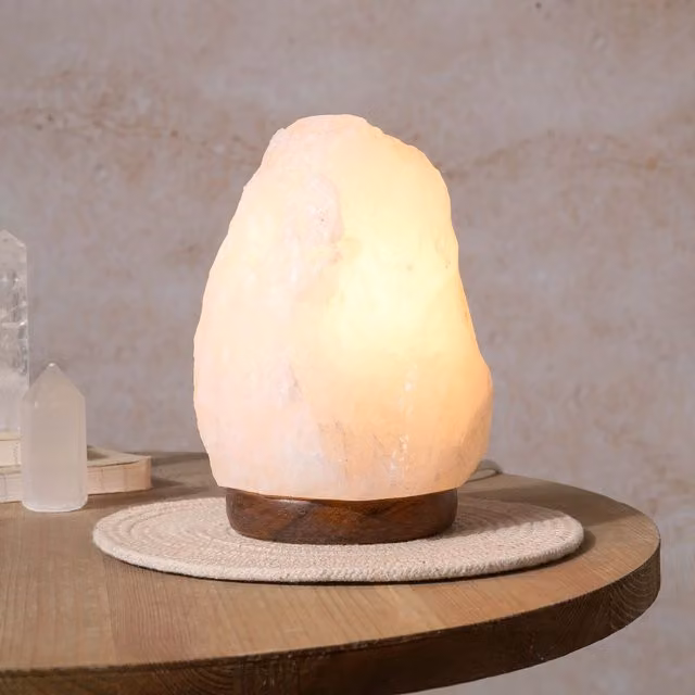 Serenity Natural White Rock Salt Tabletop Lamp with Wood Base