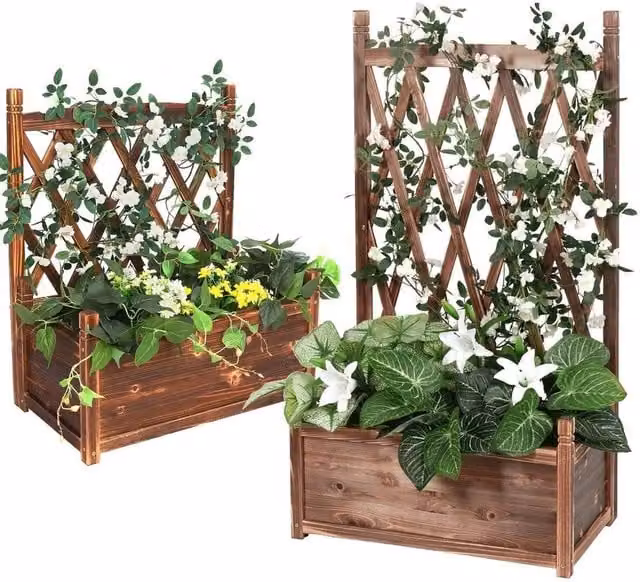 FLAVORA Brown Wooden Raised Planter with Climbing Trellis, W/D/H: 63.5 x 34 x 76 cm – 1