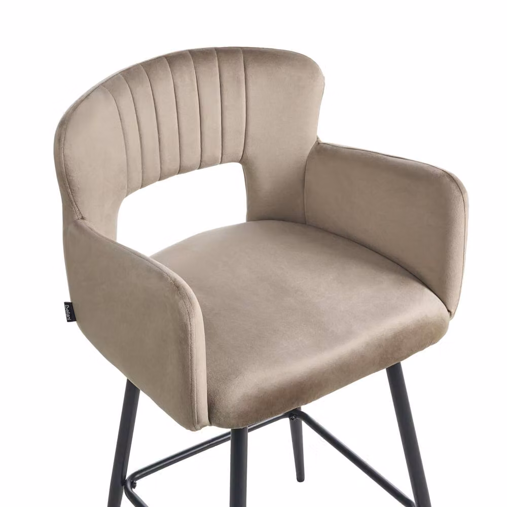 Wyld and Coco Set of 2 Taupe Velvet Bar Chairs with Armrests and Cut Out Backrest in Black and Beige – 3