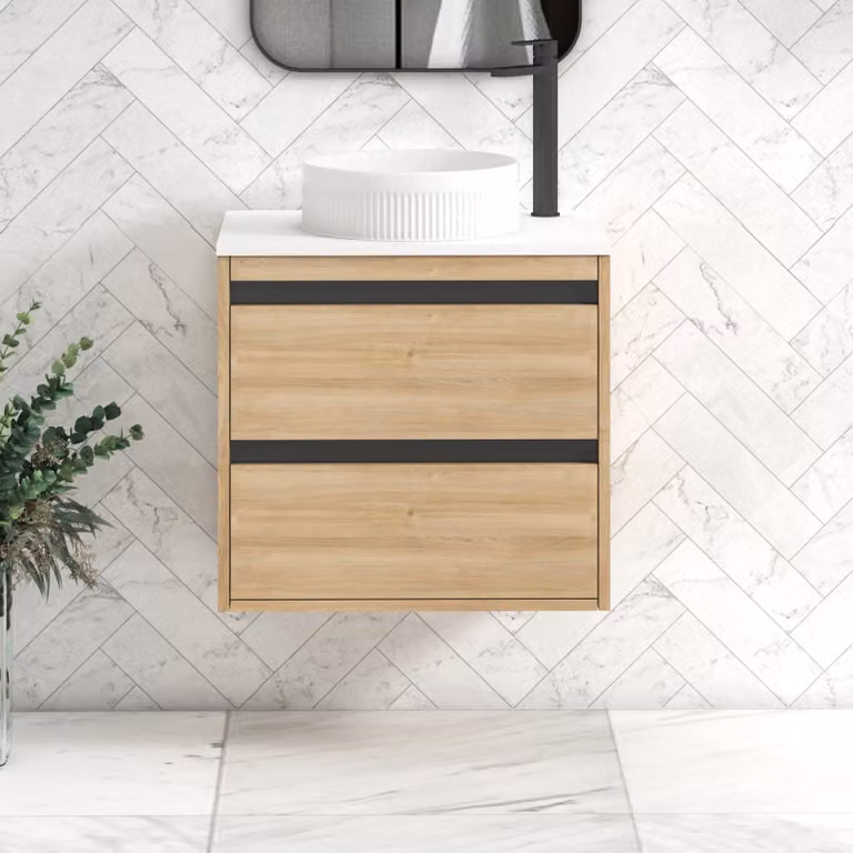 Royal Bathrooms Orion 600mm Natural Oak Wall Hung Vanity Unit with 2 Drawers, Plain White Countertop, Round Basin and Black Accent Trim