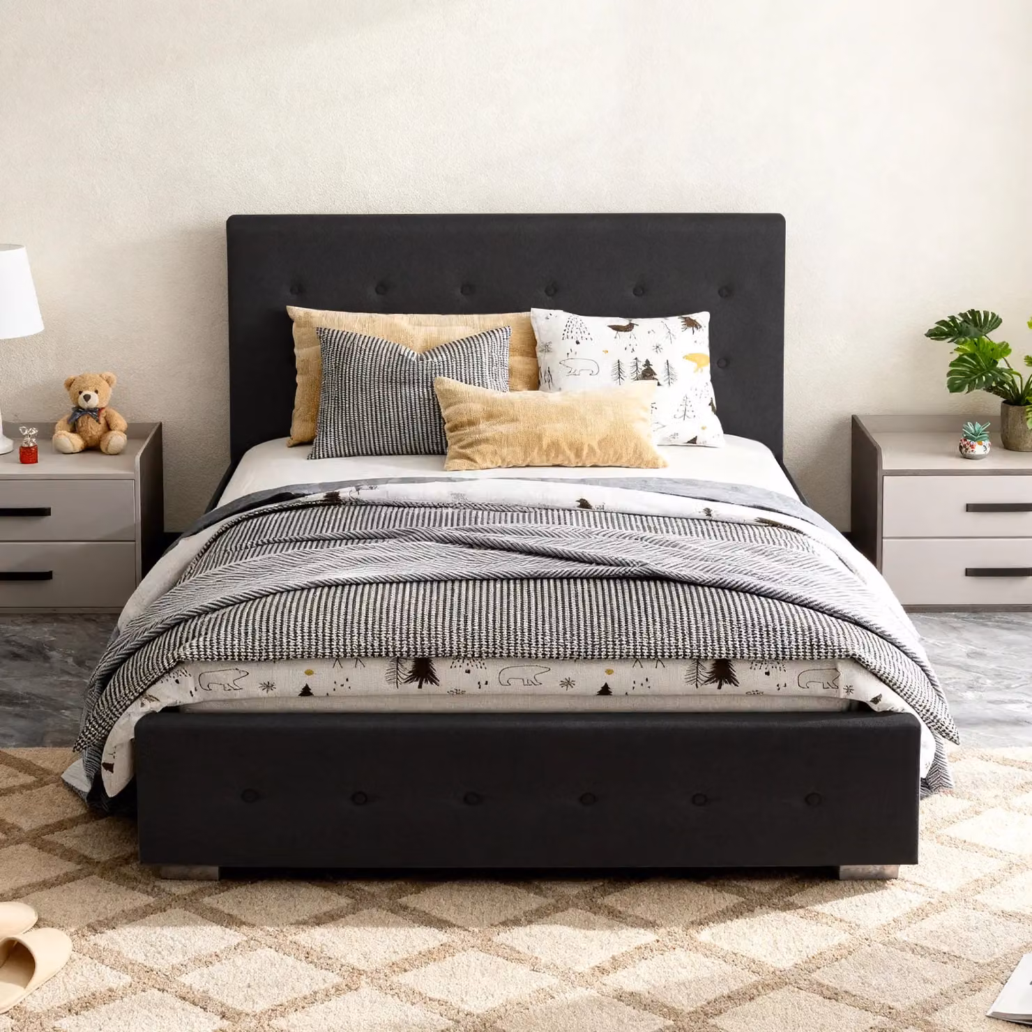 Comfy Living Ltd Black Fabric Upholstered Ottoman Storage Gaslift Bedframe, W: 140 cm, D: 200 cm, H: 103 cm – 2