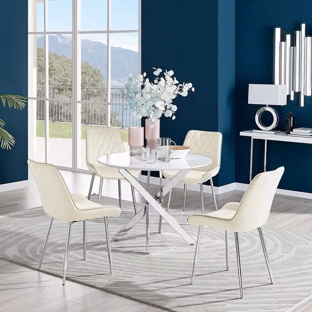 FurnitureboxUK Novara White High Gloss Round Dining Table with 4 Pesaro Silver Chairs in Cream