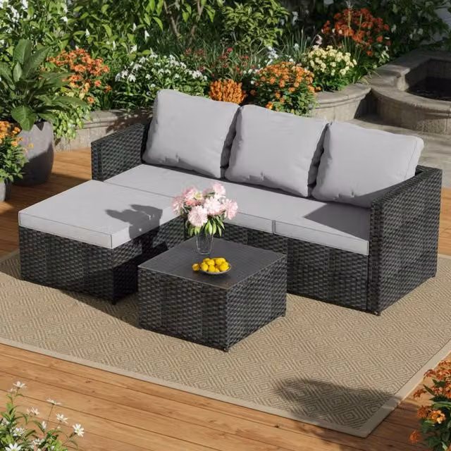 BIRCHTREE 5 Piece Modern Black Rattan Garden Furniture Set with Glass