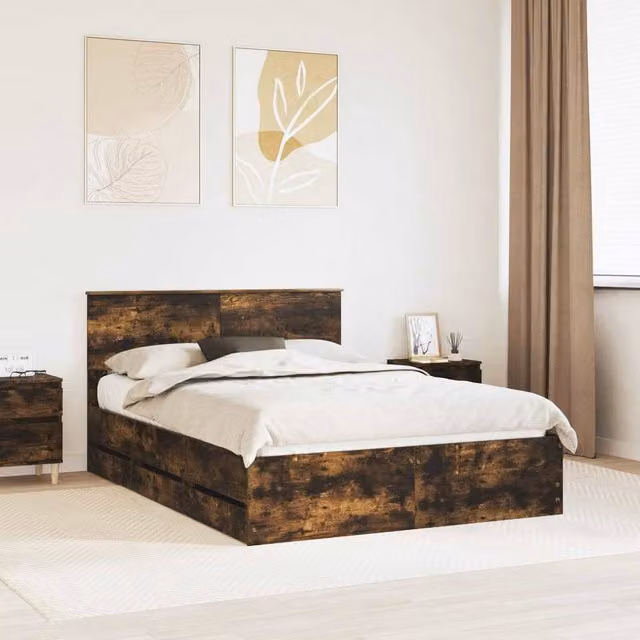 Berkfield Home Modern Bed Frame with Drawers in Smoked Oak Brown, Engineered Wood, W: 135 cm x L: 190 cm – 1
