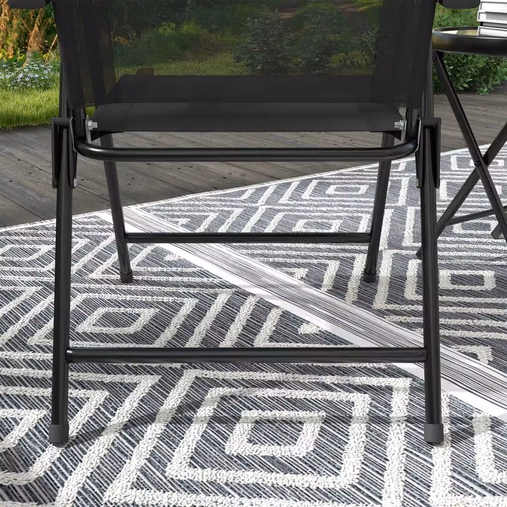Wyld Haus Zivino 3 Piece Black Garden Seating Set with Round Glass Table and Foldable Mesh Chairs – 7