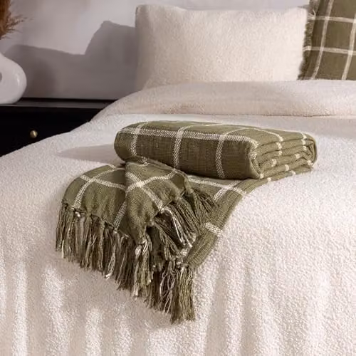 Yard Beni Woven Cotton Checked Throw with Fringes in Green and Beige, W/D/H: 130 x 180 cm – 4