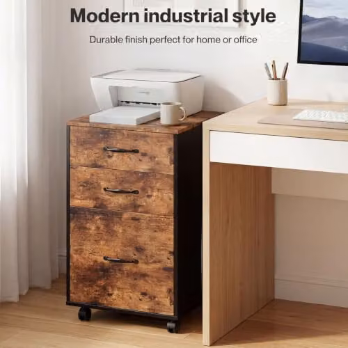 Levede 3 Drawer Slim Mobile Filing Cabinet in Brown with Castors for Home Office, W/D/H: 40.0 x 14.85 x 68.0 cm – 6