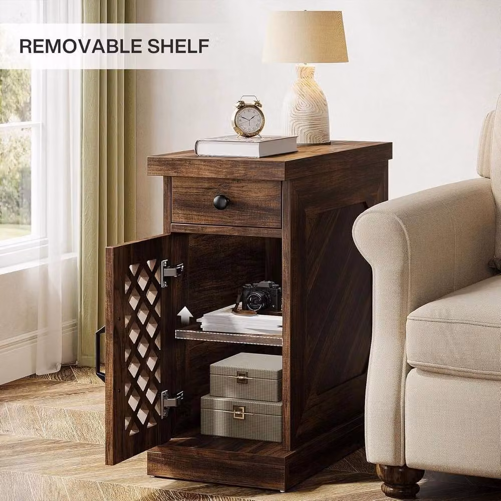 VOGREX Rustic Narrow Wood End Table with Drawer in Brown – 4