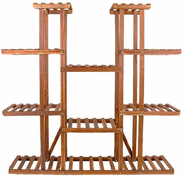 NESTLUNE Heavy Duty Large Capacity Plant Stand in Natural Wood and Metal, W/D/H: 100 x 15 x 15 cm
