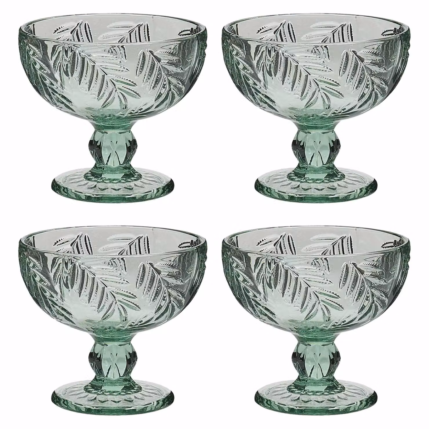 Dibor Set of 4 Laurier Green Embossed Leaf Footed Glass Bowls, H: 10.5 cm, Dia: 12 cm – 2