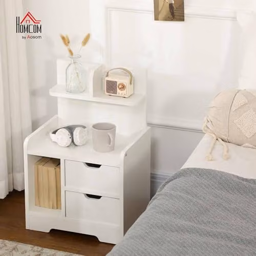 HOMCOM Modern White Bedside Table with 2 Drawers and Open Shelves, W/D/H: 40 x 30 x 60 cm – 2