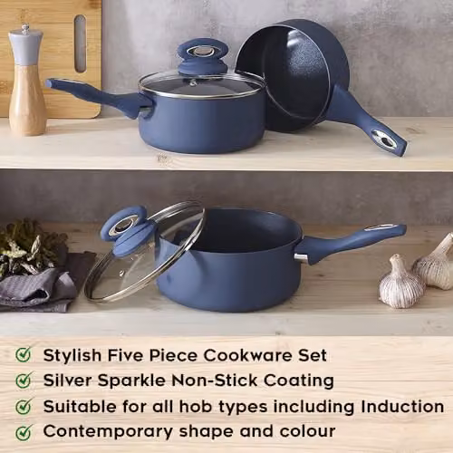 Cermalon 5-Piece Ceramic Cookware Set in Blue with Grey Accents, including Frying Pans and Saucepans with Lids – 3
