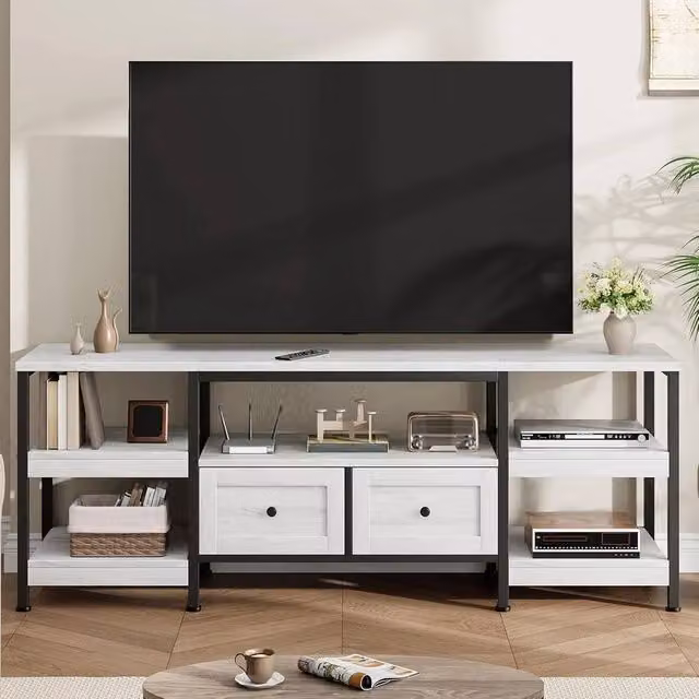 VOGREX Industrial TV Stand with Drawer and Open Shelf Entertainment Center in White – 1