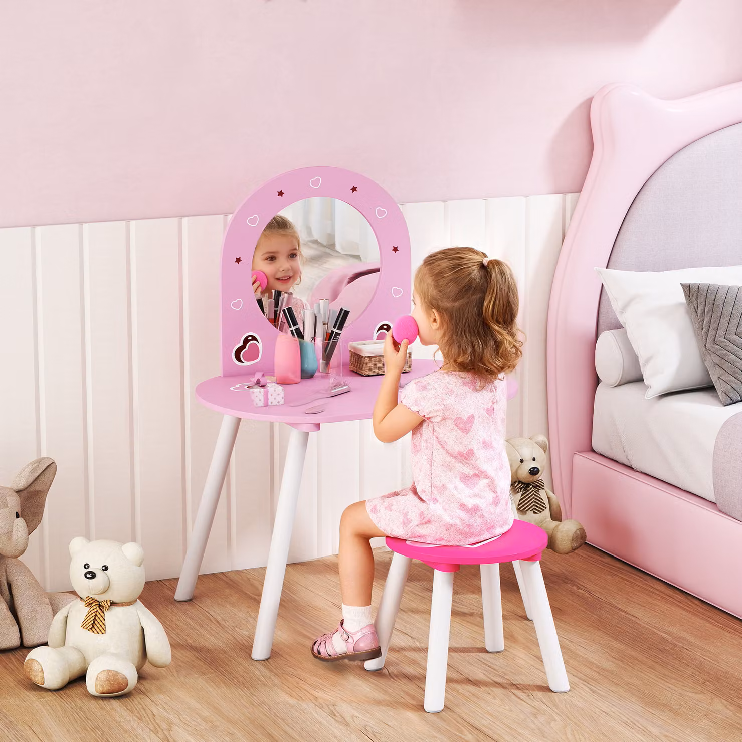 AIYAPLAY Kids Dressing Table with Mirror and Stool, Pink Vanity Set for Girls – 2