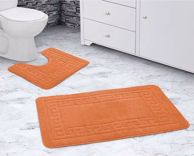 Velosso Orange Graphic Bath Mat and WC Pedestal Mat Set