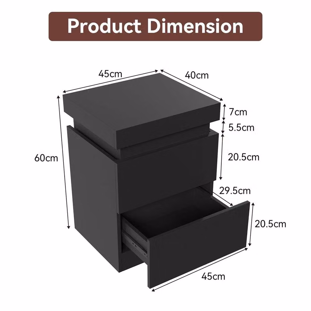 Havendro Black Bedside Table with 2 Drawers and Integrated RGB LED Lighting, W: 40 cm, D: 40 cm, H: 60 cm – 2