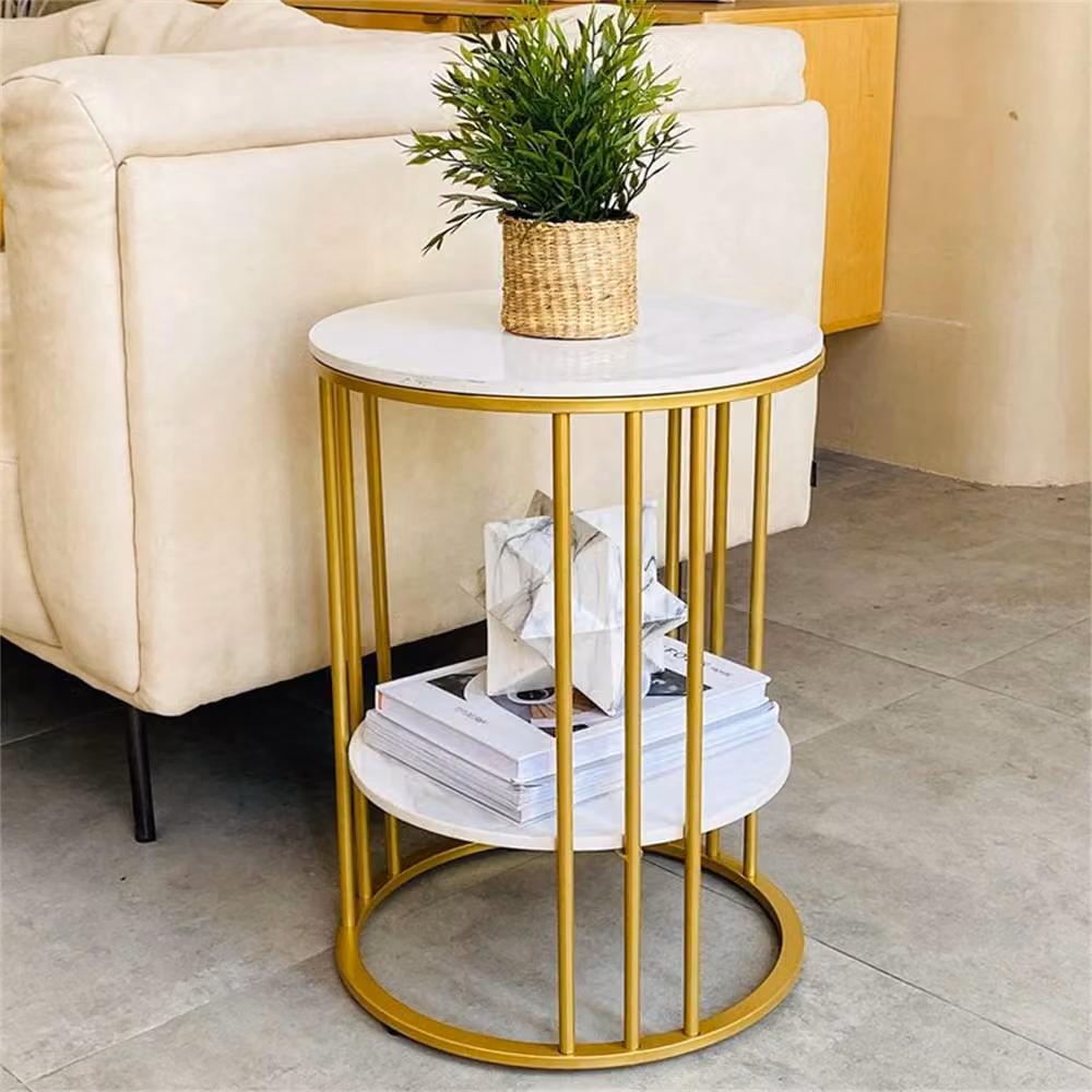 VOGREX Round Marble Side Table with 2 Tier Storage Shelf in Gold and White – 3