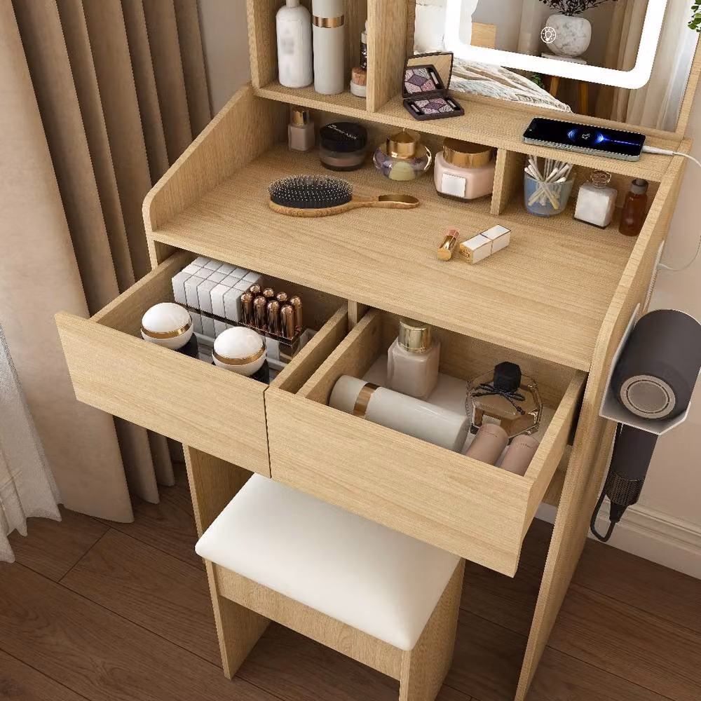 Rolipo Compact Makeup Vanity Desk with LED Lights, Power Socket and Stool in Brown – 6