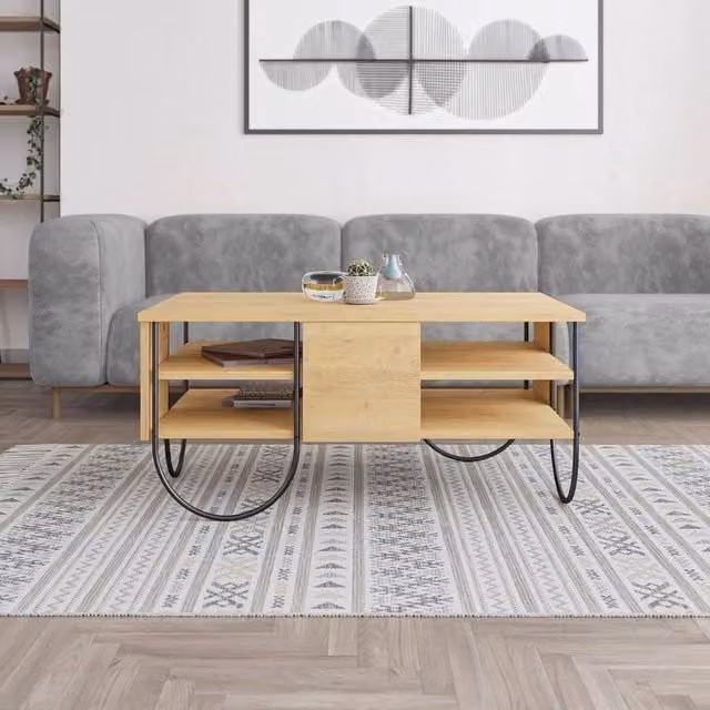 FORGEVIO 3 Tier Industrial Coffee Table with Natural Oak MDF Laminate and Black Metal Sled Base in Brown – 1