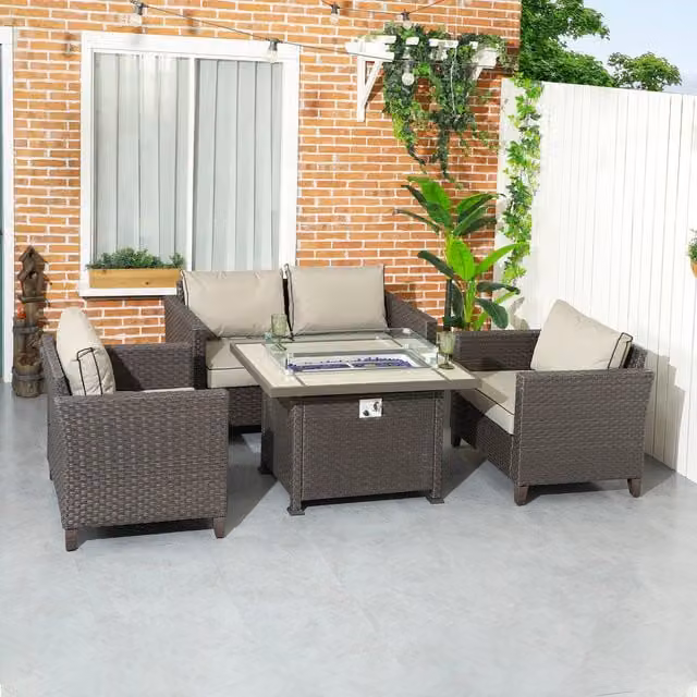 Outsunny 5 Piece Rattan Patio Garden Gas Fire Pit Furniture Set in Brown