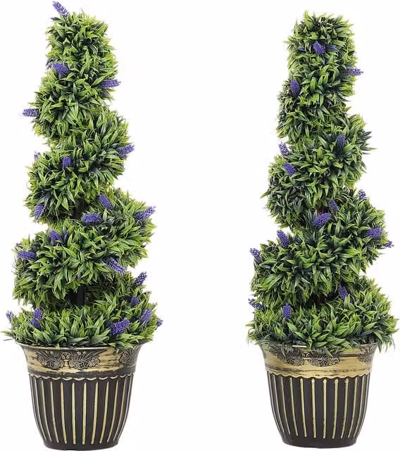 HOMCOM Set of 2 Green Artificial Boxwood Spiral Topiary Trees with Lavender and Pots, Height: 90 cm – 1
