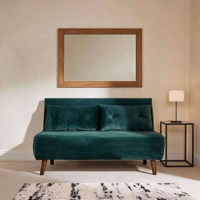 Home Source Double Sofa Bed Folding Chair in Bottle Green Velvet with Wooden Legs and Two Pillows