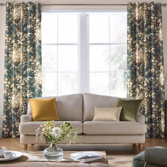 Laura Ashley Picardie Made to Measure Blackout Eyelet Curtain in Green Floral Design