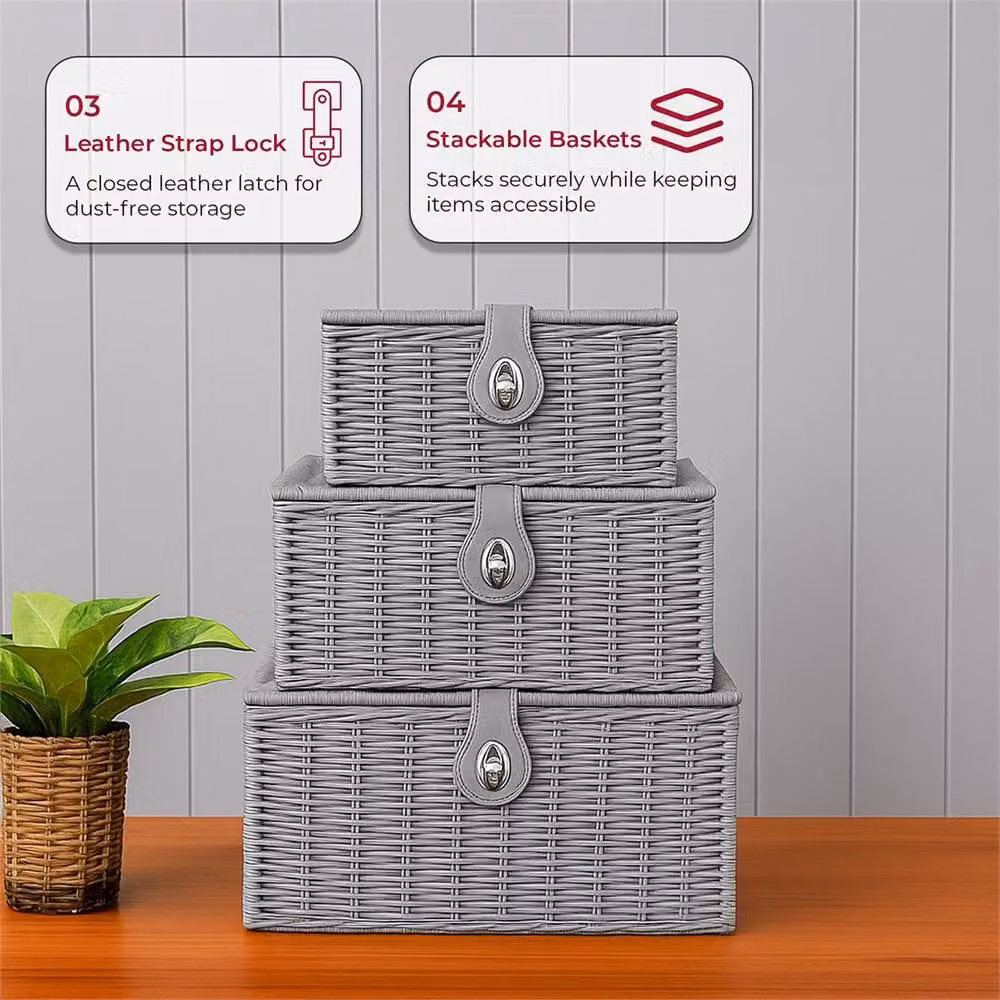 Havendro Set of 3 Grey Resin Wicker Open Weave Basket Hampers with Lids – 3