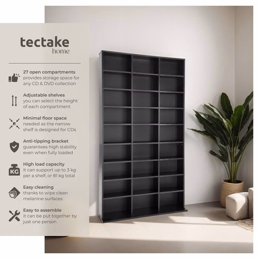 tectake Christel CD Shelf Unit in Black with 27 Compartments and Adjustable Shelves – 2