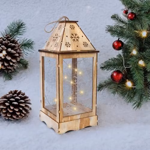 mysmartbuy Pre-Lit Rustic Wooden Christmas Lantern with Snowflake Cut-Out and LED String Lights in Brown, H27 x W11 x D11 cm