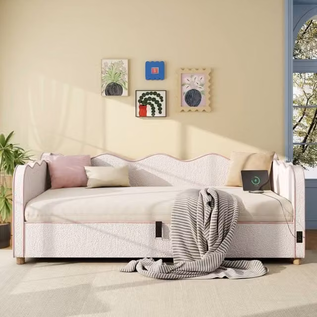 Merax Beige Bouclé Upholstered Single Daybed with Hydraulic Storage and USB Charging Ports W/D/H: 190 x 90 x 75 cm – 1