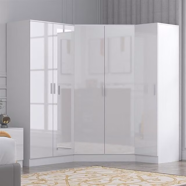 REFLECT Wardrobe Bundle featuring 2 Door Corner, 2 Door Mirrored and 1 Door Plain Units in White Gloss and Matt White