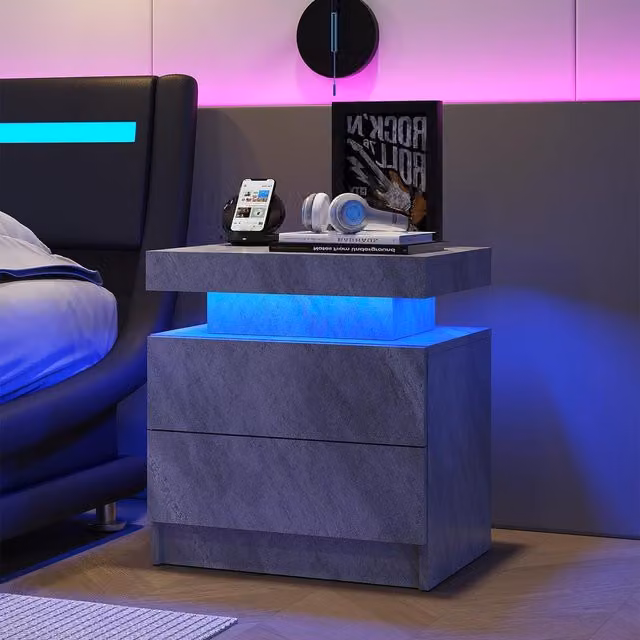 Aosom Modern Grey Bedside Table with 2 Drawers and Adjustable Integrated LED Lights, W: 35 cm, D: 49 cm, H: 52 cm