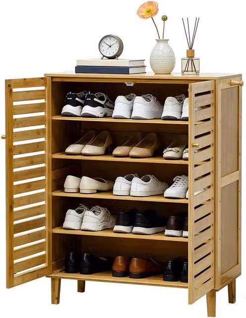 Hinsinc 6-Tier Wooden Shoe Cabinet Storage with Hinged Doors in Natural Brown