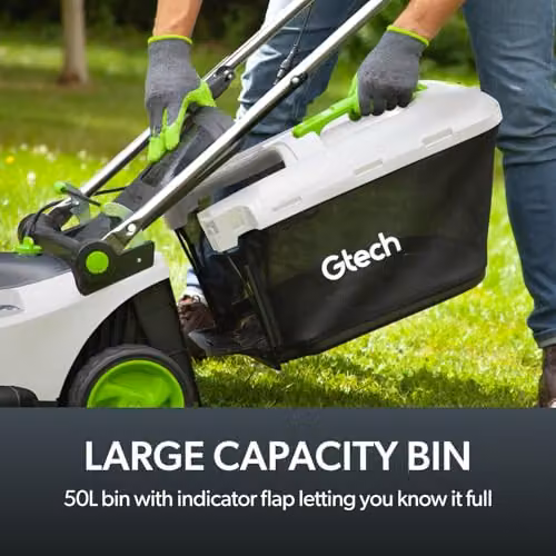 Gtech CLM50 Cordless Lawnmower in White and Green with 48V Rechargeable Battery, 42cm Cutting Width and 50L Grass Box – 6