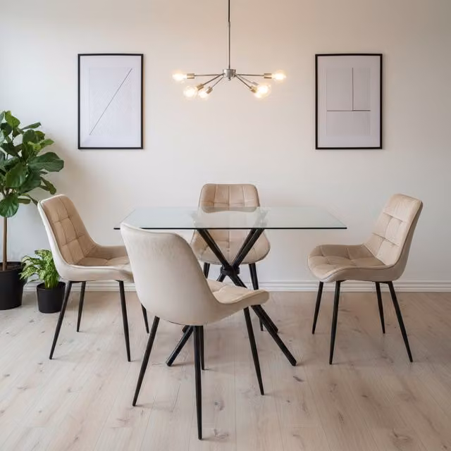 Madefor.living Miami Dining Table with 4 Erica Velvet Chairs in Beige and White with Glass Top