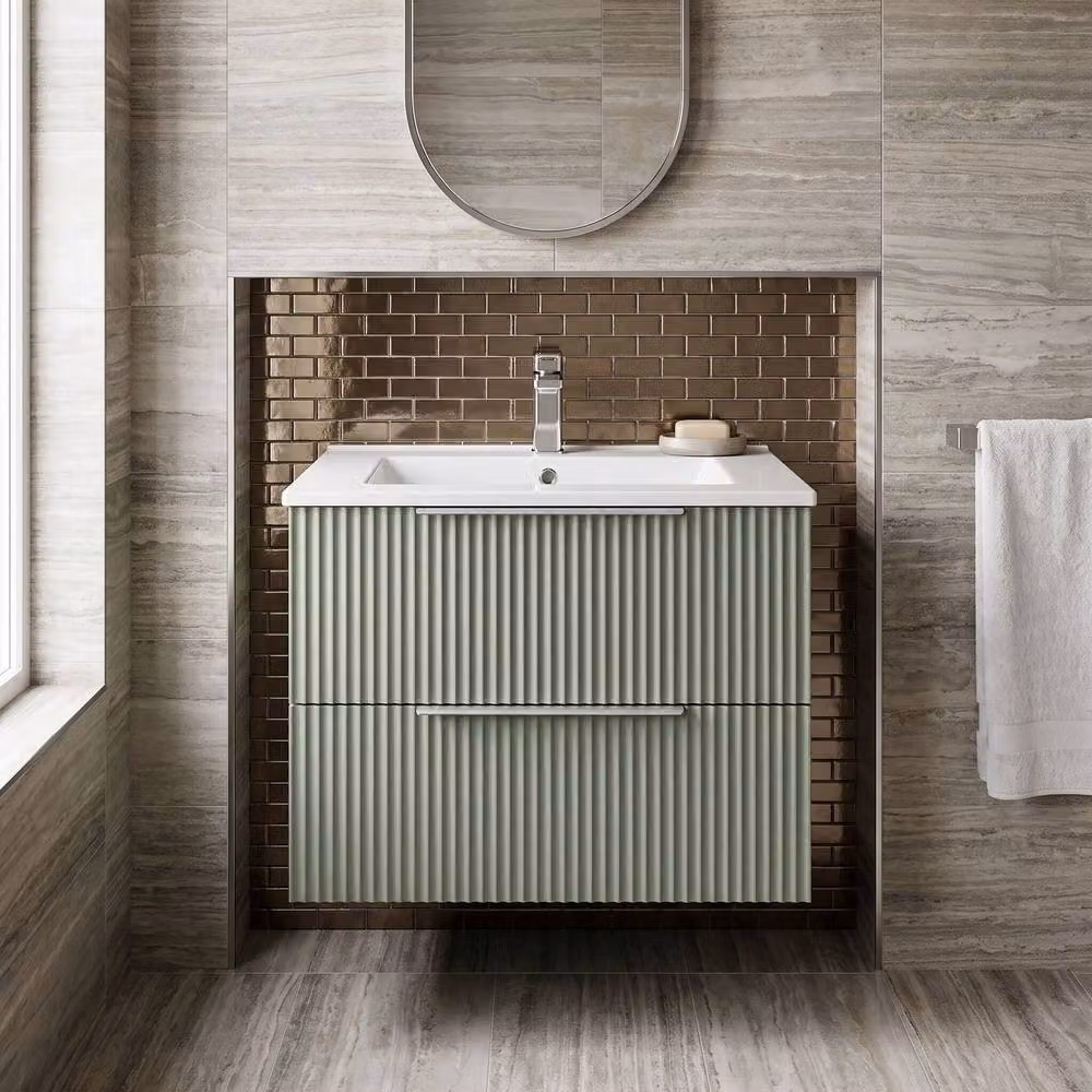 Balterley Tixall Fluted 2 Drawer Wall Hung Vanity Basin Unit, Satin Green, Width: 60 cm – 4