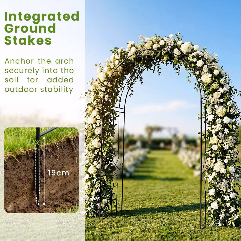 Costway Metal Garden Arbor and Trellis Archway with Ground Stakes in Black, H 225 x W 145 x D 51 cm – 6