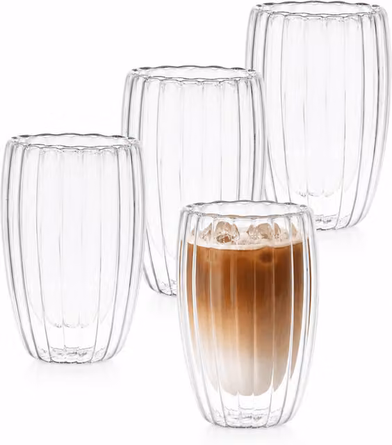 Eden & Willow Set of 4 Transparent Ribbed Double Walled Glass Coffee Tumblers, Height: 14 cm